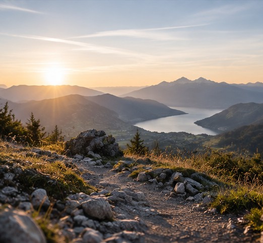 Ruhiger Bergweg mit weitem Blick über Landschaft und See